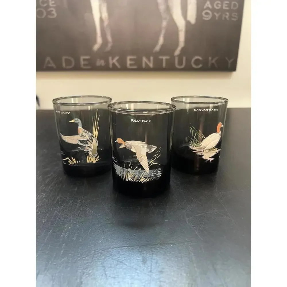 Rare Ned Smith 22K Gold Rim Waterfowl Vtg Double Old-Fashioned Glasses (3)